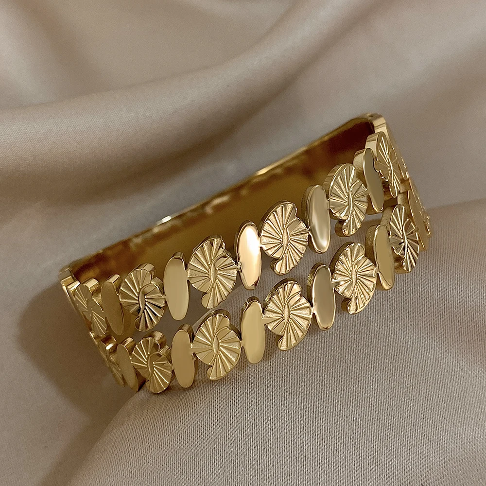 AENSOA Punk Stainless Steel Stackable Wide Cuff Bracelet for Women Exaggerated Gold Color Layered Geometric Thick Wrist Bangles