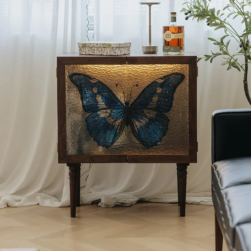 Side Cabinet Butterfly Wine Cabinet Black Walnut Retro Stained Glass Living Room Entrance Cabinet