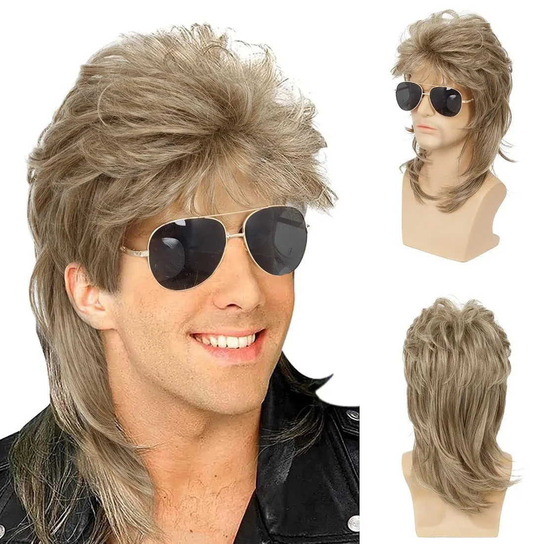 Synthetic Curly Hair Blonde Wigs Mullet 80s Rocker for Men Machine Made Long Heat Resistant Costume Halloween Disco Party Daily