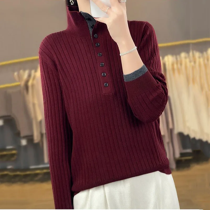 New Autumn Winter Women knitte Sweater Pullover Stand Collar Long-sleeved Knitted Jumper Wool Bottoming Shirt Female Casual Tops
