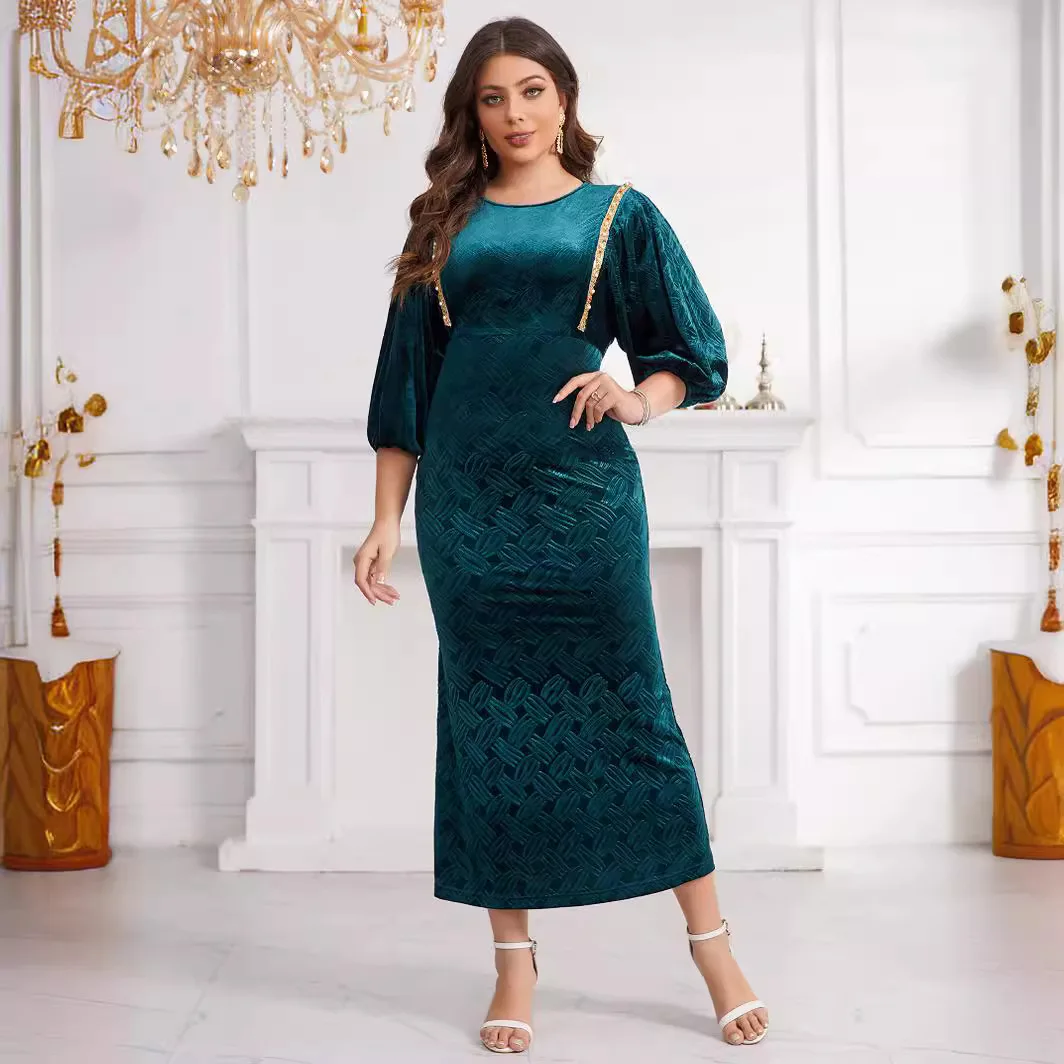 

Cross-border supply flannel embossed round neck handmade beaded lantern sleeves slim fashion dress special offer