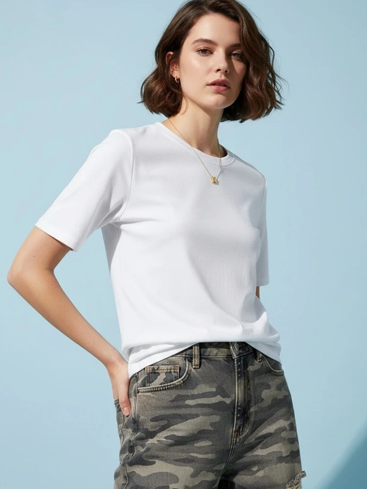 AOSSVIAO 2026 Sommer 100% Baumwolle Damen T-Shirt Basic Rundhals Modisch Einfarbig Kurzarm Oberteil – Detail 6