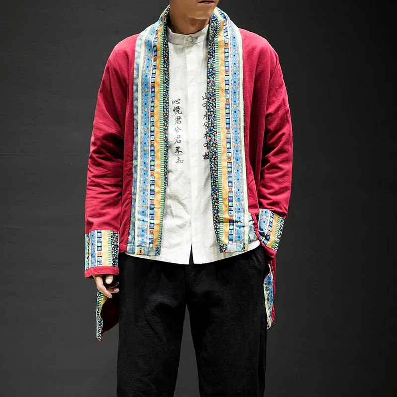 

Japanese kimono cardigan cotton linen coat Japanese fashion trench coat Asian traditional clothing color matching ancient jacket