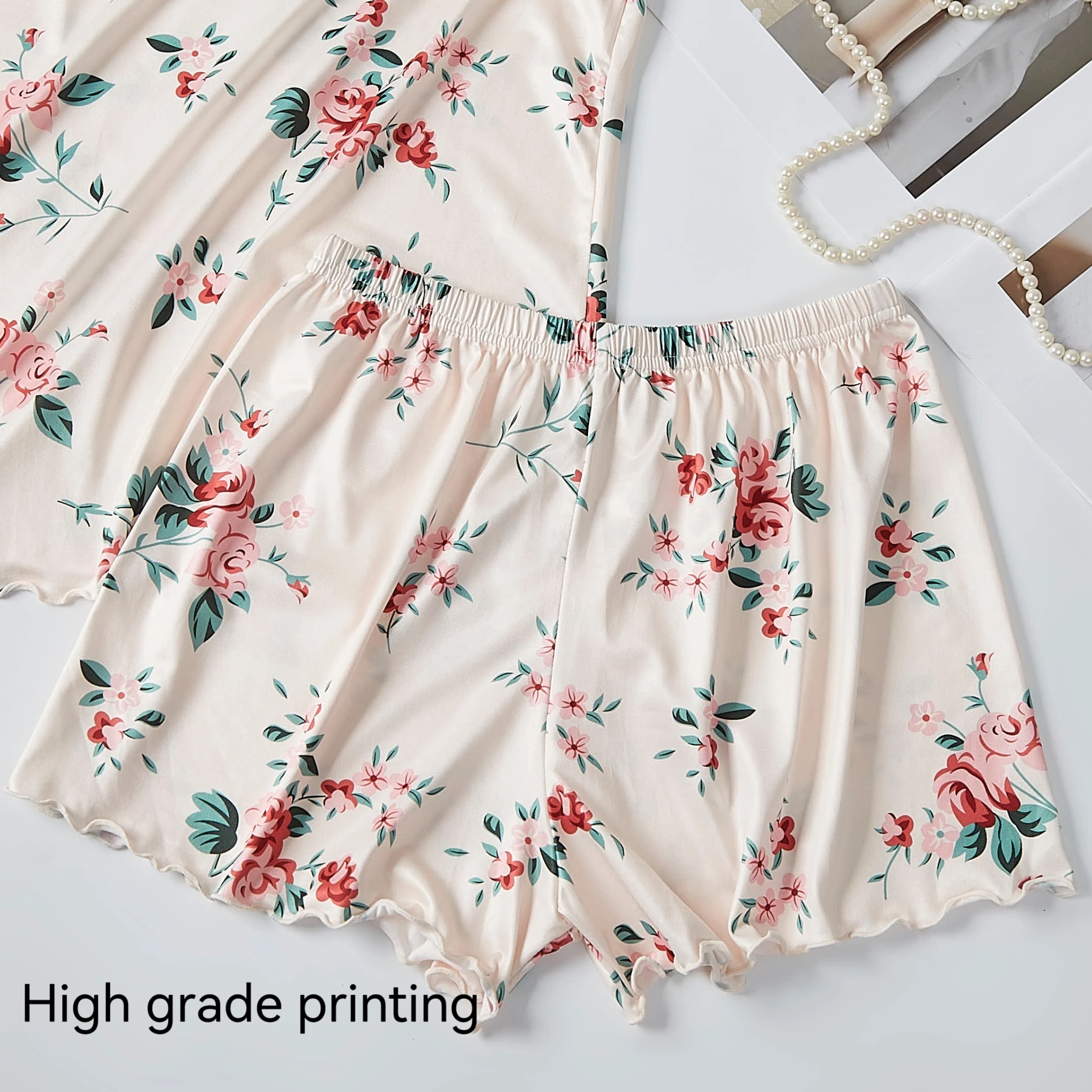 Women Pajamas Sleepwear Pajama Set Nightgowns Camisole And Shorts S M L White Floral Printing Summer Casual Soft Comfortabl