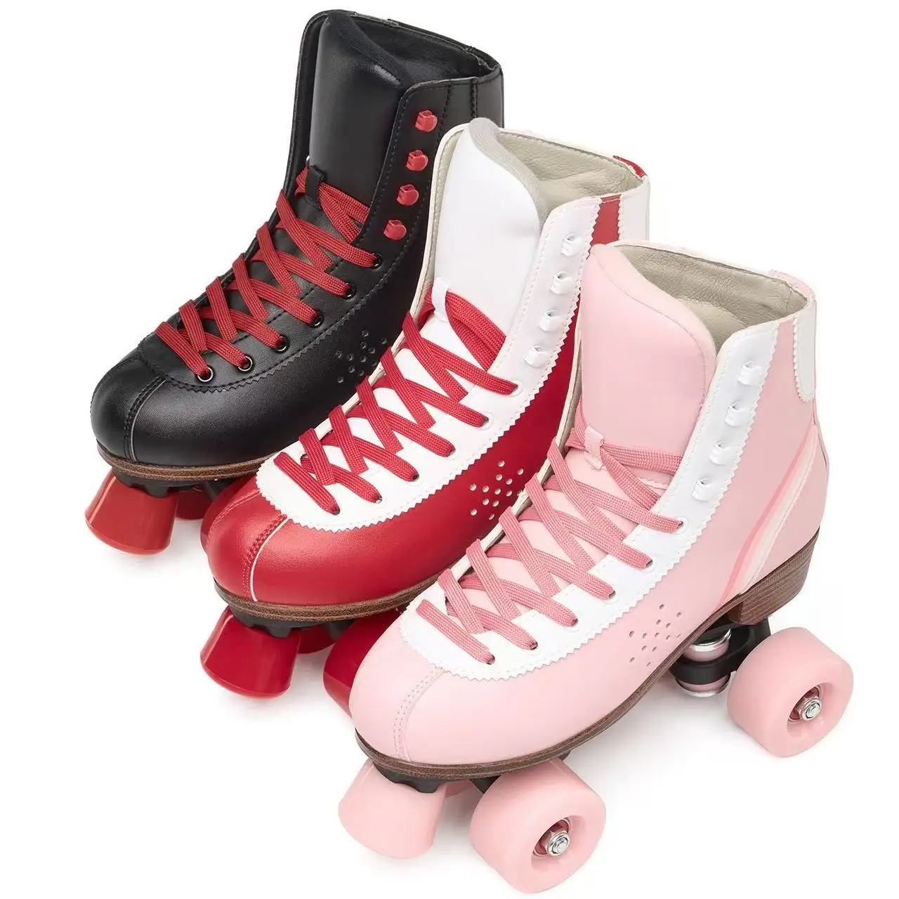 خاص لأحذية التزلج على الجليد ذات الصف المزدوج للبالغين، أحذية تزلج بإطار قاعدة من الألومنيوم باللون الوردي والأحمر مع فرامل كبيرة قابلة للتعديل #1