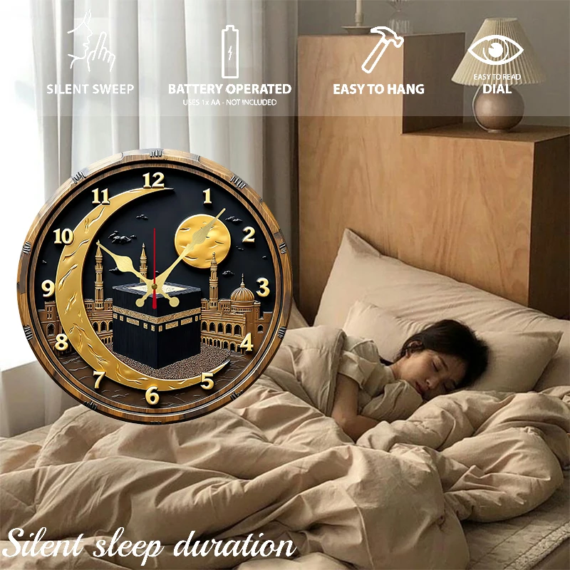 ساعة حائط معلقة خشبية مستديرة صامتة باللونين الأسود والذهبي، مناسبة لغرفة المعيشة والمكتب وغرفة الدراسة وغرفة النوم والديكور المنزلي #4