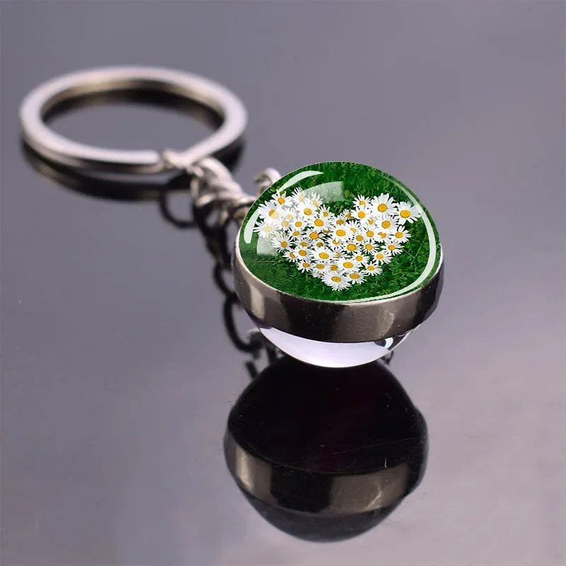 Flower Keyring Rose Lotus Cherry Blossoms Sunflower Keychains Glass Ball Pendant Jewelry for Women Cute Key Chain Gift