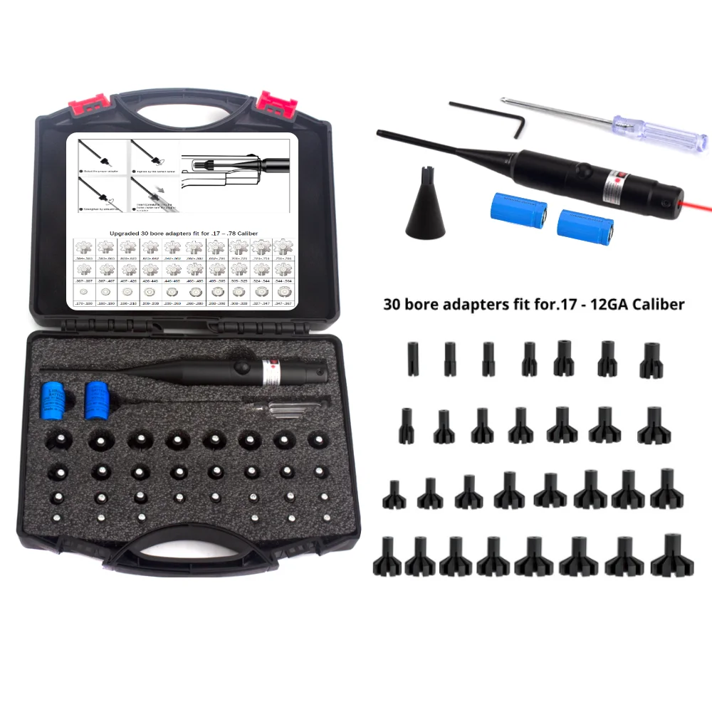 Laser Bore Sight Kit with 30 Adapters Laser Collimator .177 .22LR to 12GA Boresighter for Hunting and Fishing