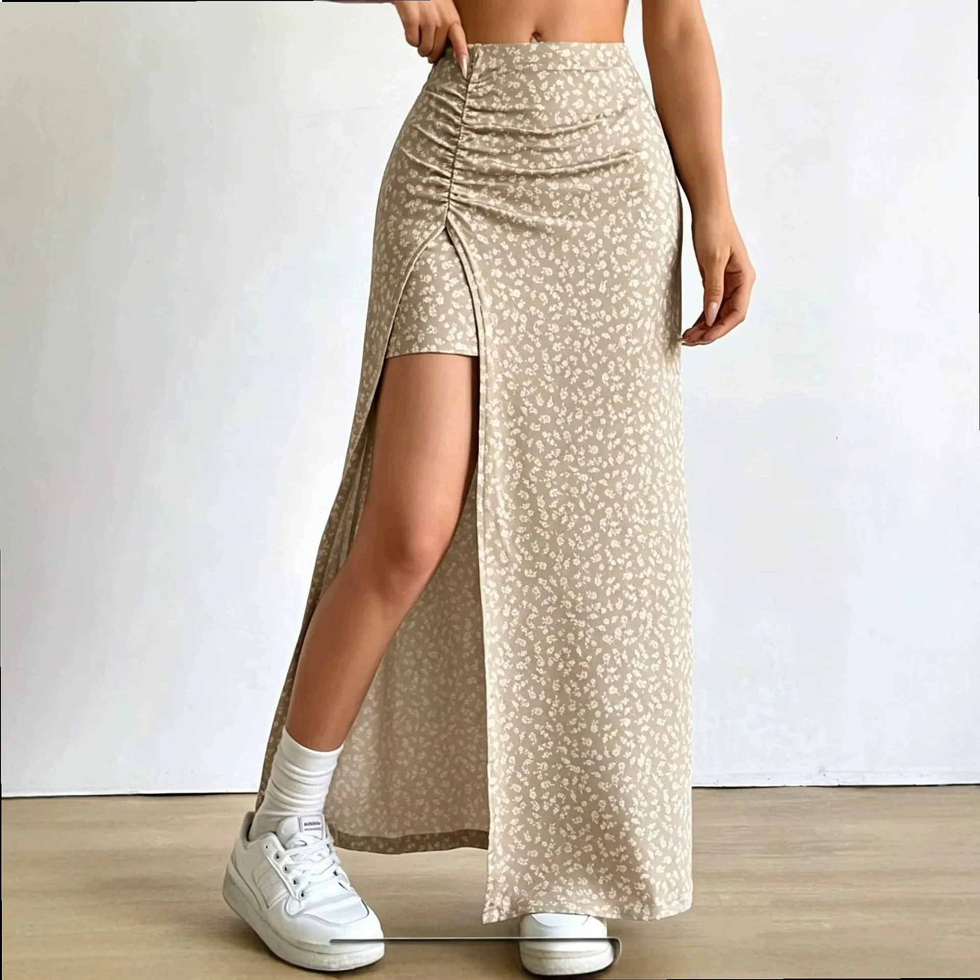 Floral Print Ruched Split Midi Pencil Skirt, Bodycon High Waist Slimming Vacation Skirts