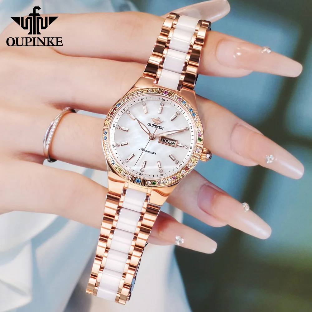 OUPINKE Women's Watches Luxury Elegant Top Brand Original Automatic Mechanical Wristwatch Ceramic Strap Colored Diamond Bezel