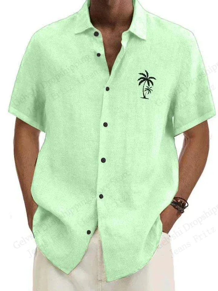 Men's Simple and Fashionable Coconut Tree 3D Printed Lapel Button Short-sleeved Shirt Loose Hawaiian Beach Casual Outdoor Top