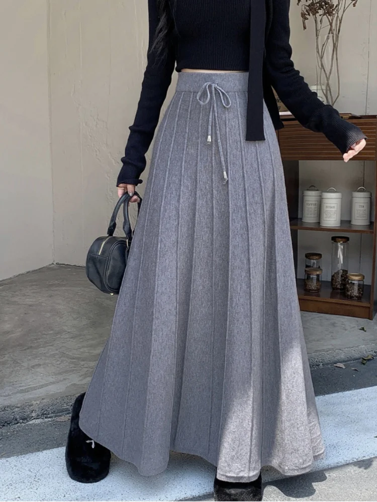 SMTHMA 2025 Nuova gonna lunga lavorata a maglia autunno/inverno per le donne Gonna a trapezio a vita alta Elegante gonna ombrello morbida a cento pieghe
