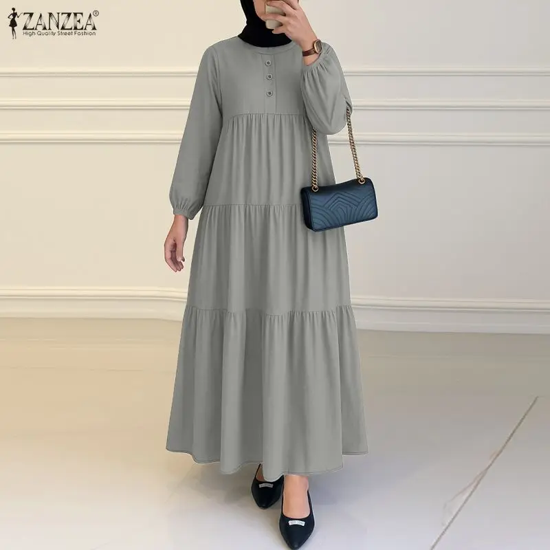

ZANZEA элегантные женские осенние платья с круглым вырезом и длинными рукавами, модное мусульманское платье 2025 года, однотонное платье Абая, длинный сарафан макси, Vestidos
