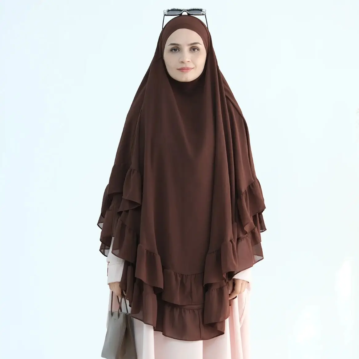 Chiffon Khimar Hijab for Muslim Women (No Niqab), Sweet Ruffles, Extra-long, Double Layers, Islamic Headcover, Party, Ramadan