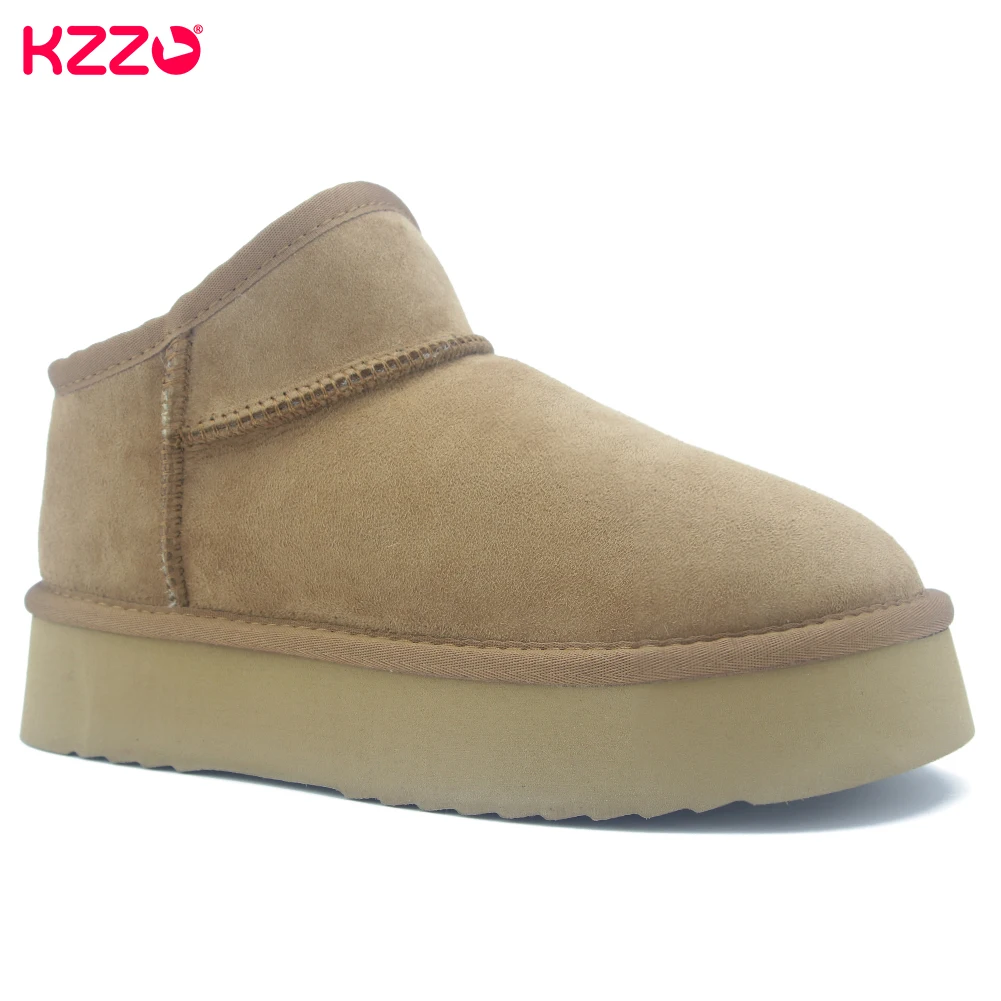 

KZZO Women's Sheepskin Suede Leather Shallow Boots Natural Sheep Fur Lined Casual Thick Sole Ankle Snow Boots Winter Warm Shoes