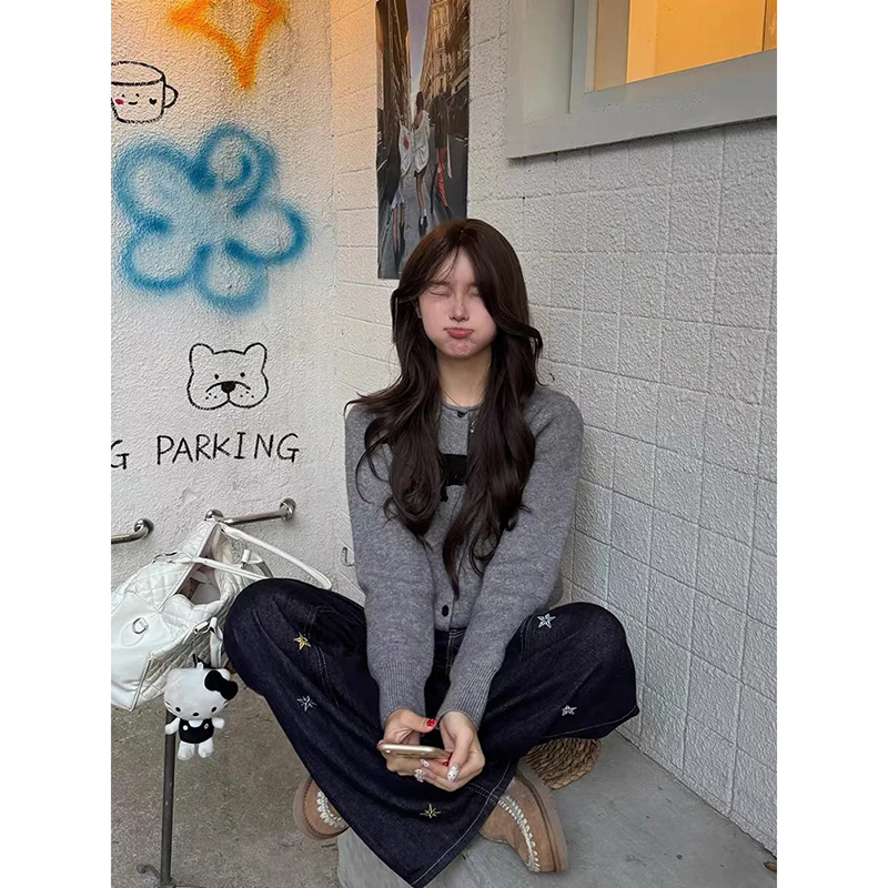 جينز نسائي عتيق أزرق فضفاض واسع الساق 2000s Y2k ملابس الشارع الجرونج ستار التطريز الدينيم السراويل عالية الشارع الرجعية #3