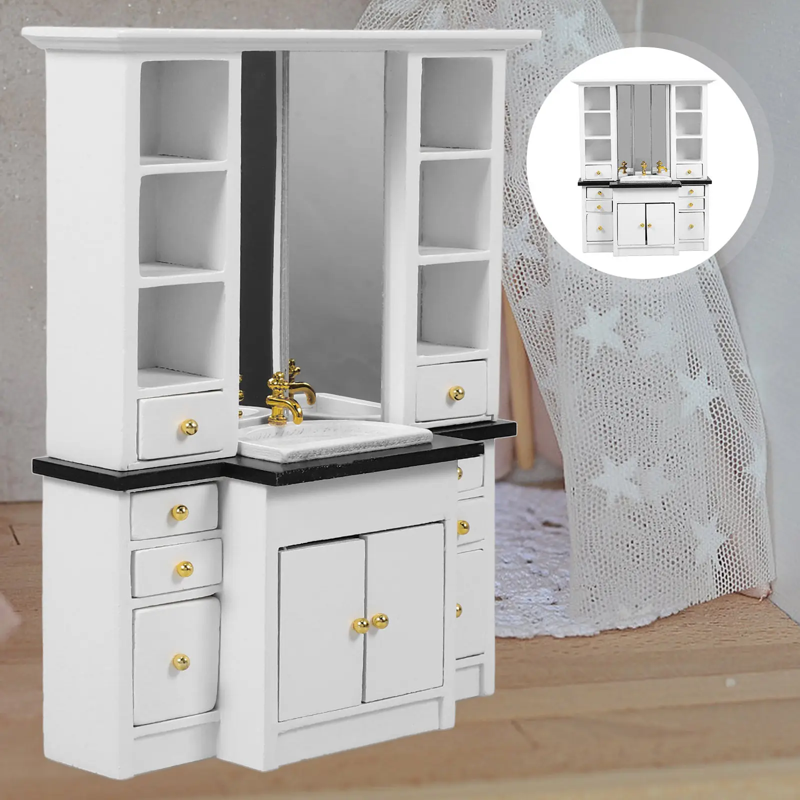 

Wooden Mini Sink Counter Cabinet for Mini House Decoration 1:12 Scale Kitchen Bathroom Scene Decor Exquisitely Crafted Miniature