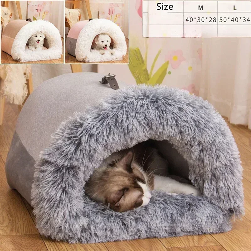 Winter Plush Cat Bed Large Size Dog Kennel Warm Cat House Villa Comfort Kitten Nest Closed Cats Home Puppy Sleep Mat