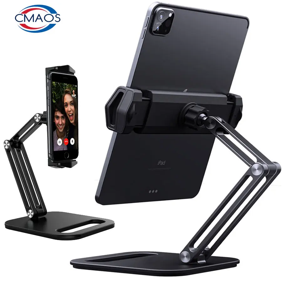 Long Arm Aluminum Alloy Tablet Stand Adjustable Folding iPad Stand Ergonomic 360°Rotatable Tablet and Phone Clamp Mount Holder