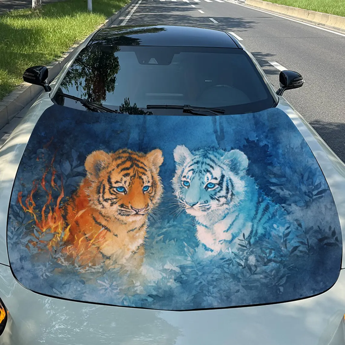 Car Decals Realistic Orange Tiger and Blue Tiger Amidst Dynamic, Swirling Background Car Hood Sticker, Waterproof Self - Adhesiv