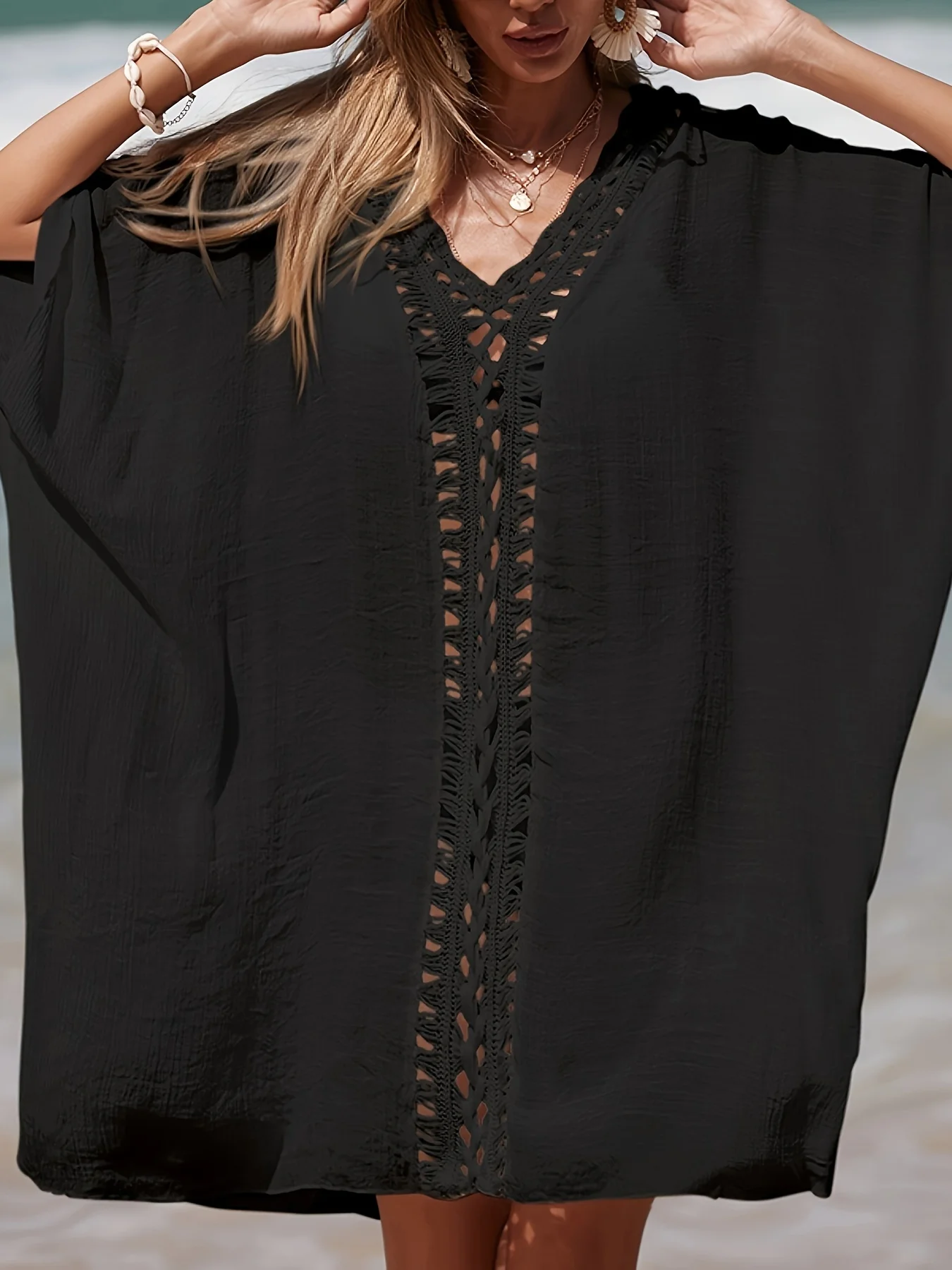 

Пляжная накидка свободного кроя с коротким рукавом для женщин, повседневная, для отпуска, для пляжа, бассейна, моря