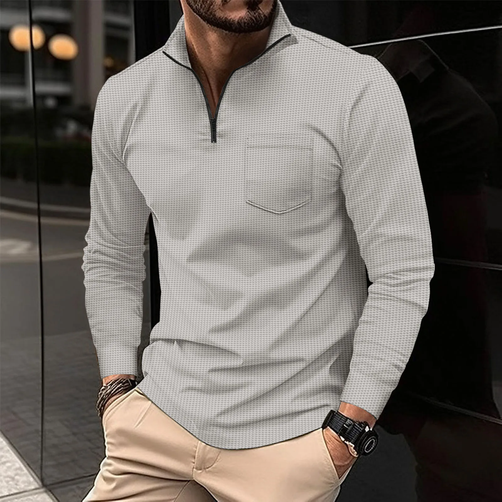 Leisure Spring and Autumn Men\'s Polo Neck Long Sleeve Solid Color T-shirt Pocket Comfortable and Breathable POIO