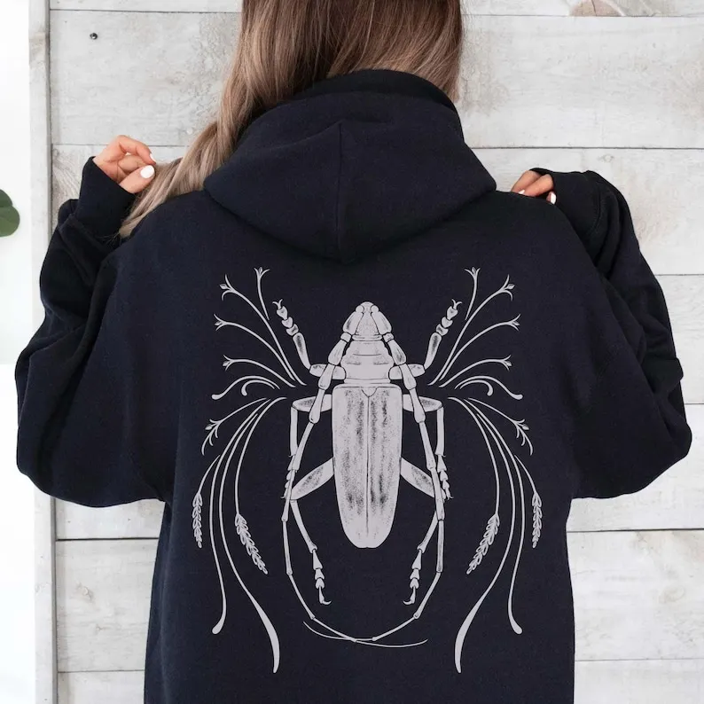 Hoodies Women Back Print Beetle Linocut Aesthetic Whimsical Folklore Insect Design Goblincore Bug Linoprint Entomology Y2k Tops