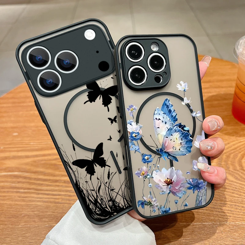 Magnetische Schmetterlings-Blumen-Muster Handyhülle für iPhone 17 Pro Max 16e 16 15 14 13 Pro Max Air für MagSafe TPU PC Rückseite