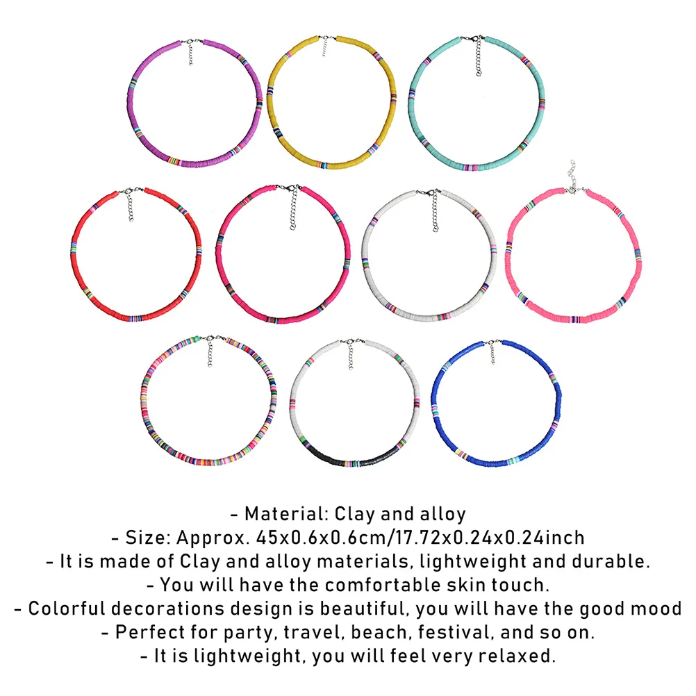 Soft Clay Disc Necklace For Women Lightweight Colorful Choker Beach Jewelry, Boho Kette Bunt Damen, Clay