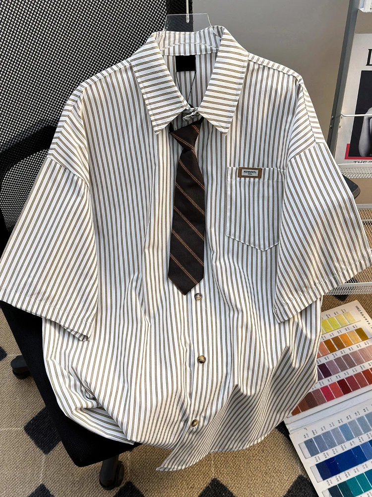 

Summer Thin Stripe Short Sleeve Men's Shirt with Tie Loose Fit Korean Style Retro Trendy Brand Hong Kong Style Japanese Style