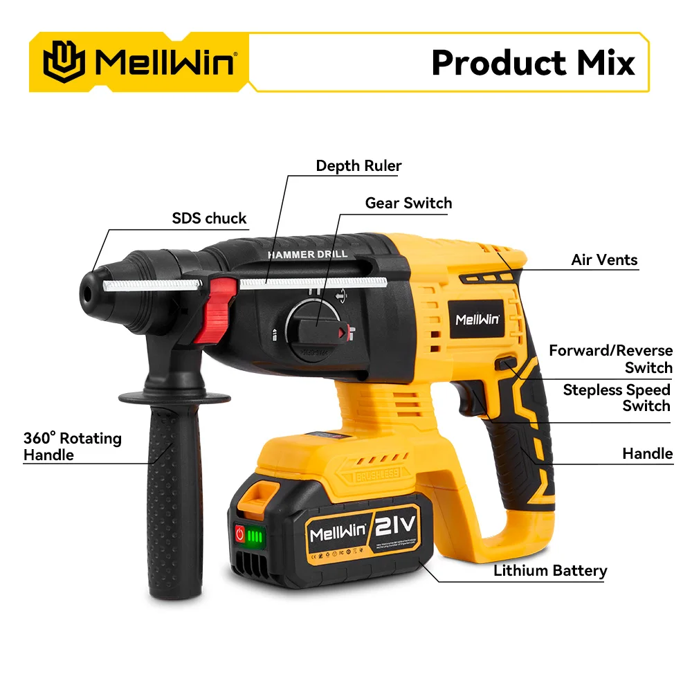 MELLWIN Electric Hammer Drill 3 in 1 Brushless Multifunction Impact Hammer for Steel Concrete Wood for Makita 18V Battery Pin - Image 2