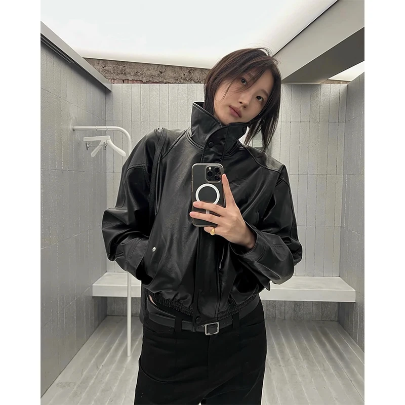 Bas Cla * pur Original femmes ort Jaet col montant adient couleur conception haut de gamme sensation manteau en cuir trajet Sle