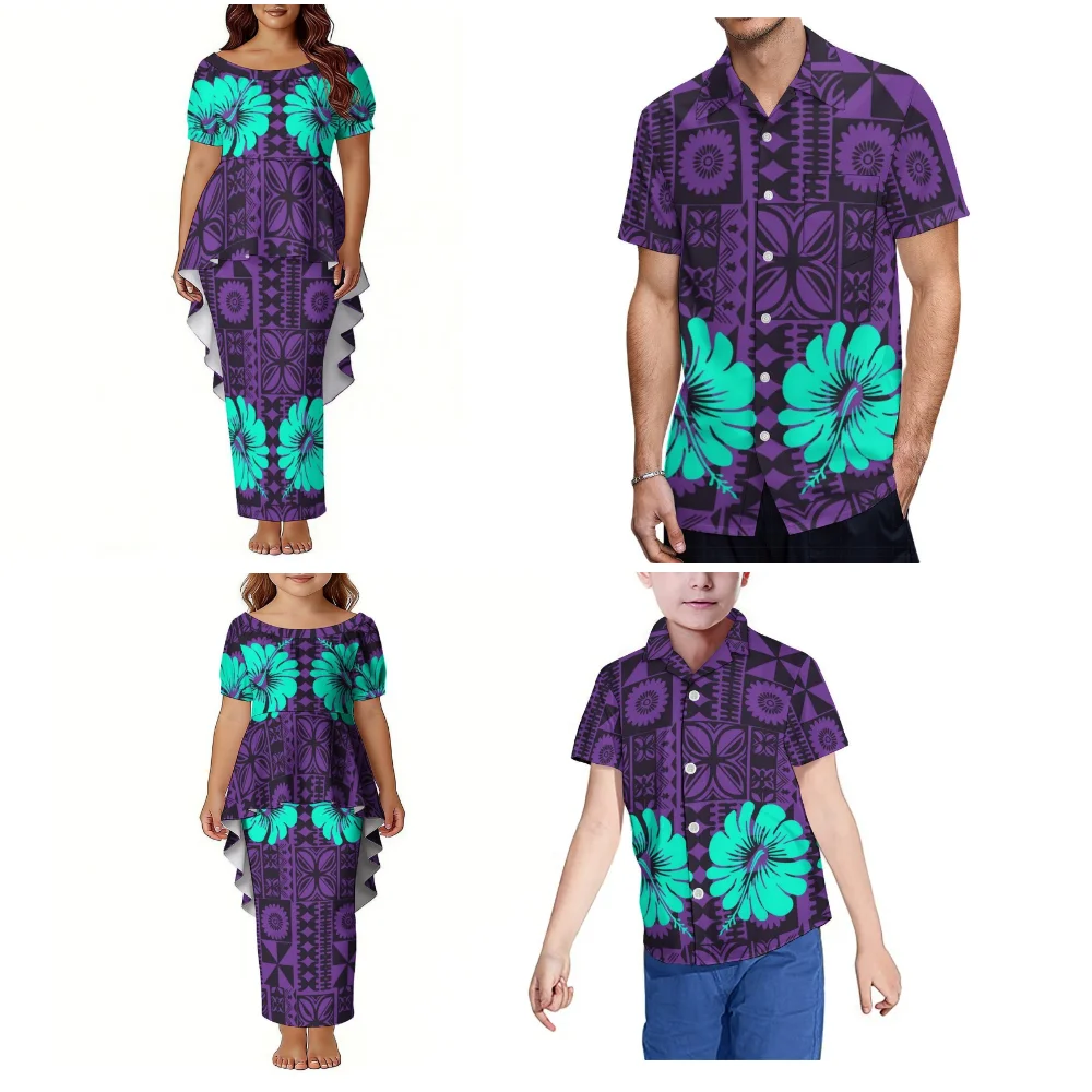 Vestido Confortável Puletasi Feminino para Festa Familiar Havaiana e Camisa Masculina Polinésia Grandee Plus-Size para Noite