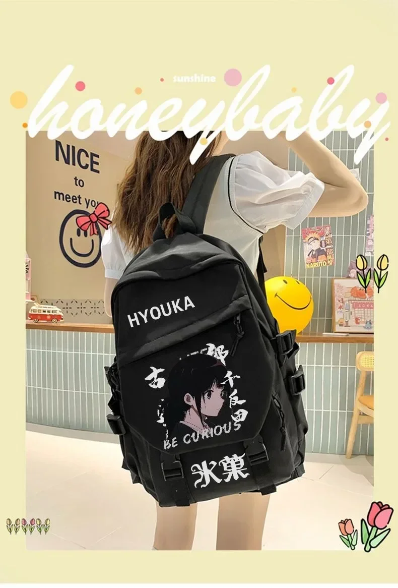 Mochilas anime para meninos e meninas, preto e branco, hyouka, mochilas escolares para estudantes e adolescentes, grande capacidade, presente para crianças, 30 × 43 × 13cm