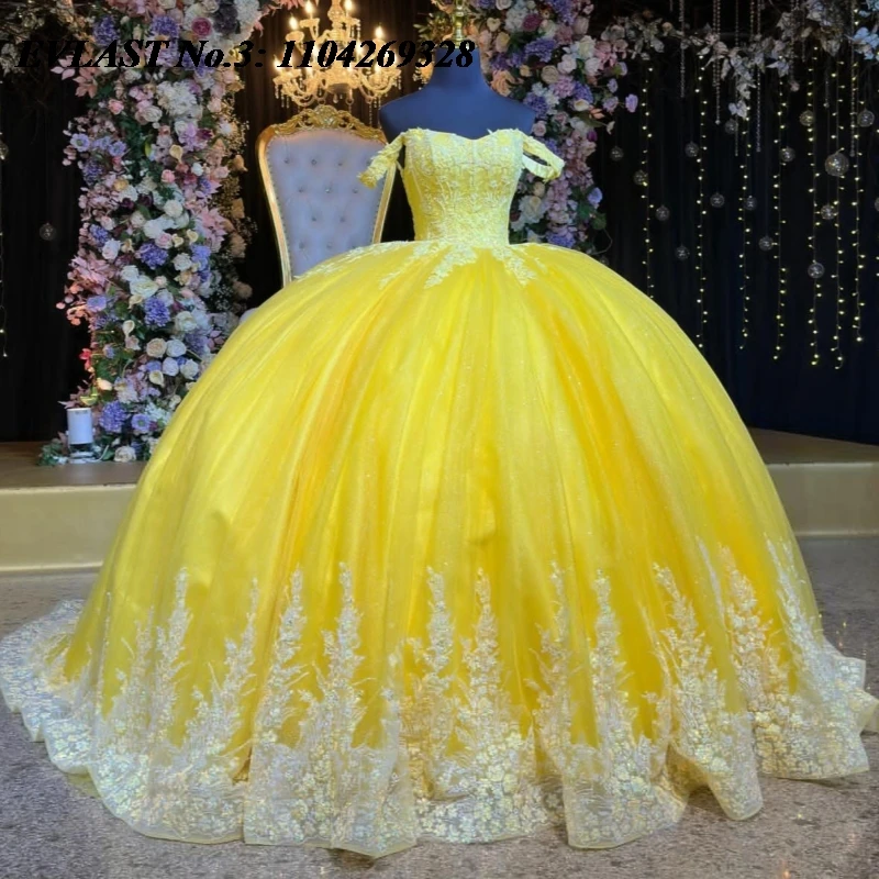 

EVLAST индивидуальное блестящее желтое платье Quinceanera, бальное платье, кружевная аппликация, накидка с бисером, корсет Sweet 16, Vestidos 15 De Anos E3Q847