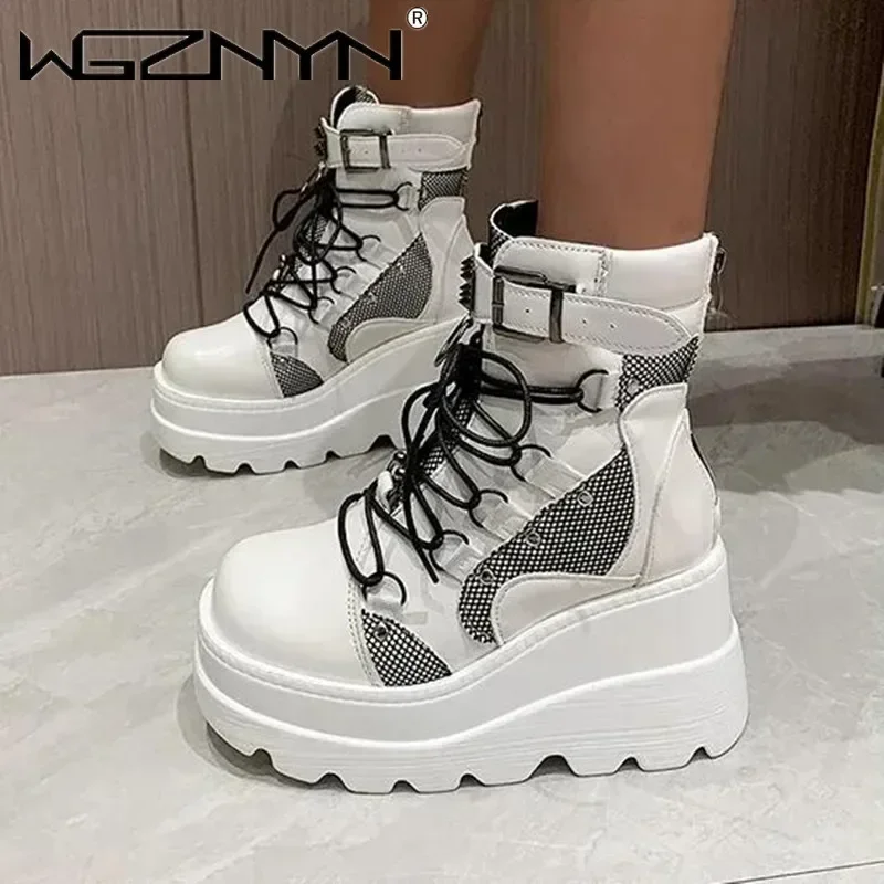 

Женские ботинки в стиле панк, ботильоны на платформе, на высоком массивном каблуке, на молнии, крутая мотоциклетная обувь, розовые