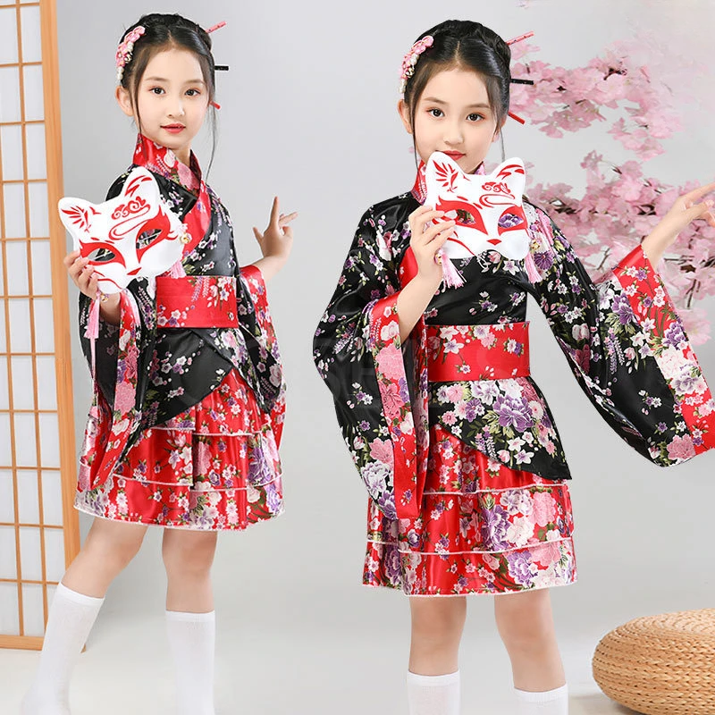 Kimono Japonés Yukata Geisha para Niñas, Vestido de Noche Tradicional Vintage con Obi, Disfraz de Cosplay para Niñas, Bata de Baño