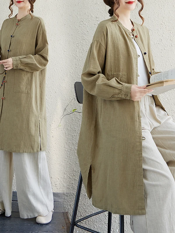 

New Chinese Sle Women's Cotton Linen Jaet Autumn New Artistic Retro Medium Length Zen Clothes Button Cardigan Linen Set