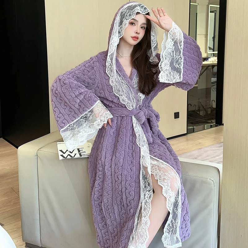 Winter Long Sleeve Thick Warm Flannel Hooded Kimono Robes for Women Korean Cute Lace Bathrobes Sleepwear Nightdress Night Dress