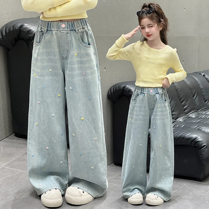 

Brief Style Children Girls Wide Leg Casual Jeans with Flower Embroidery Kids Classic Design Blue Denim Pants Age 5 7 9 11 13 14Y