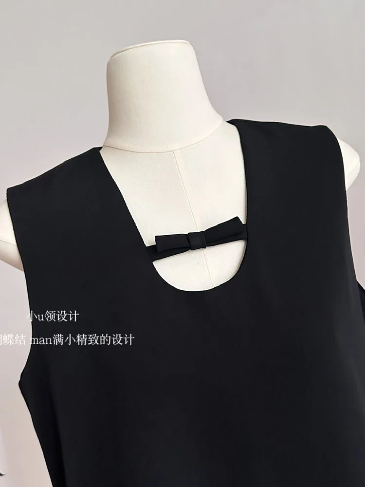 Elegant Fashion Black A-Line Dress Spring Summer Backless O-Neck Prom Gown Bow Sleeveless Patchwork One-Piece Frocks Streetwear