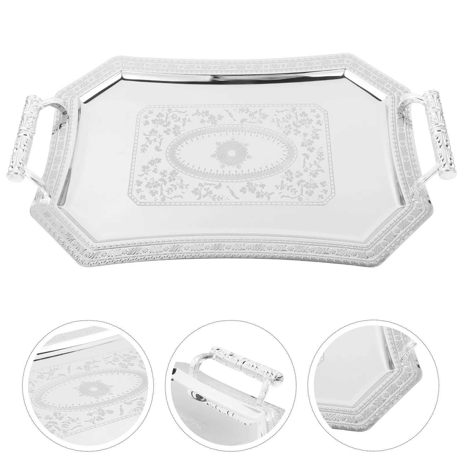 

Silver Serving Tray Double Handle Retro Vintage Serving Plate for Snack Fruit Dessert Coffee Table Display Silver Tray
