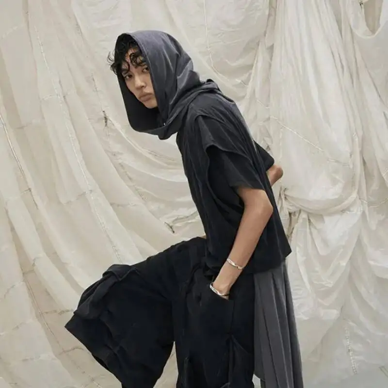 Fashionable Vintage Hooded Shawl T Shirt Men's Patchwork Loose Short Sleeve Tops 2026 Summer New 284FA