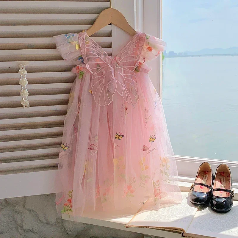 Baby Girls Summer Fashion Dress Girls Flying Sleeves Mesh Dresses with Butterfly Wings Children Flower Embroidery Tulle Dress