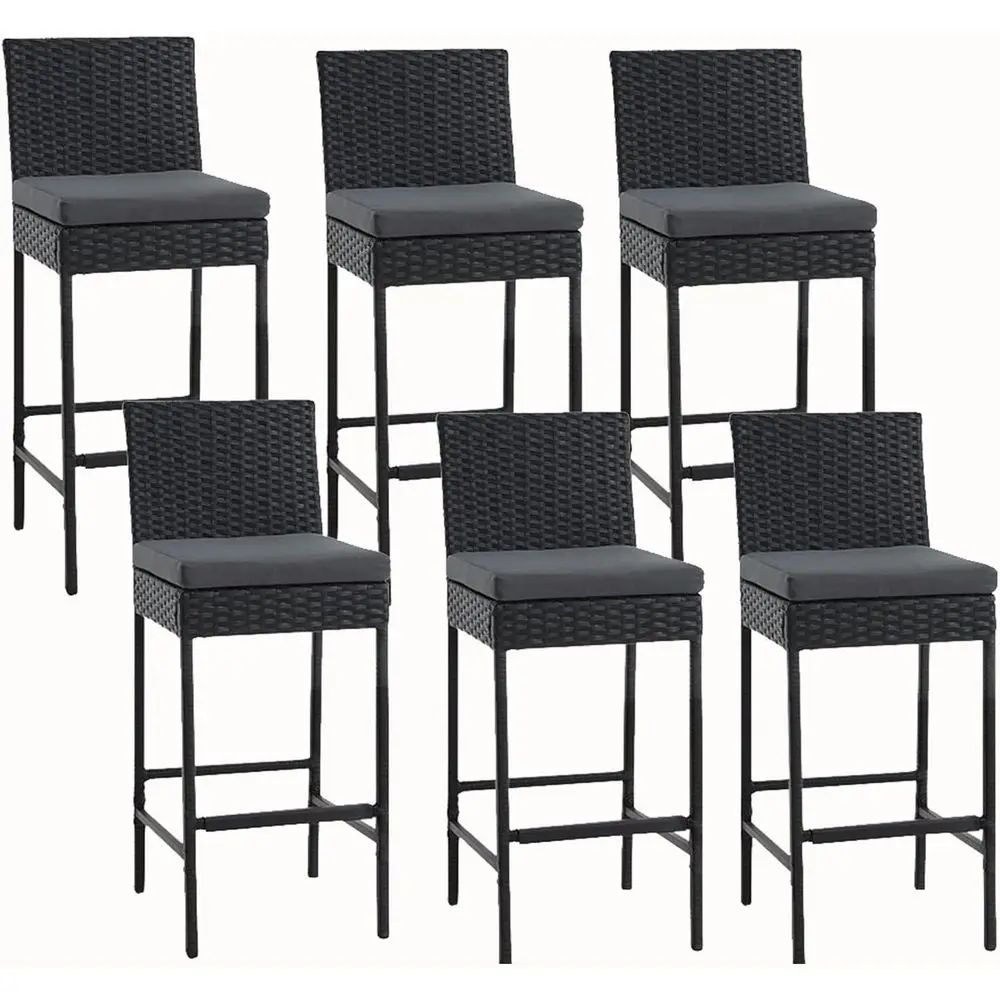 

Set of 6 Black Outdoor Wicker Patio Bar Stools with Cushions for Backyard, Pool, Porch
