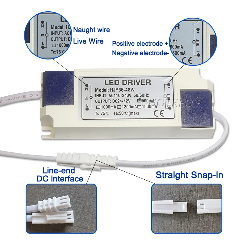 LED 드라이버 전원 공급 장치, 광 변압기 출력 DC24-42V, 외부 드라이버 DC 커넥터, 36W, 40W, 45W, 48W, 50W, 900mA, 1200mA, 1500mA