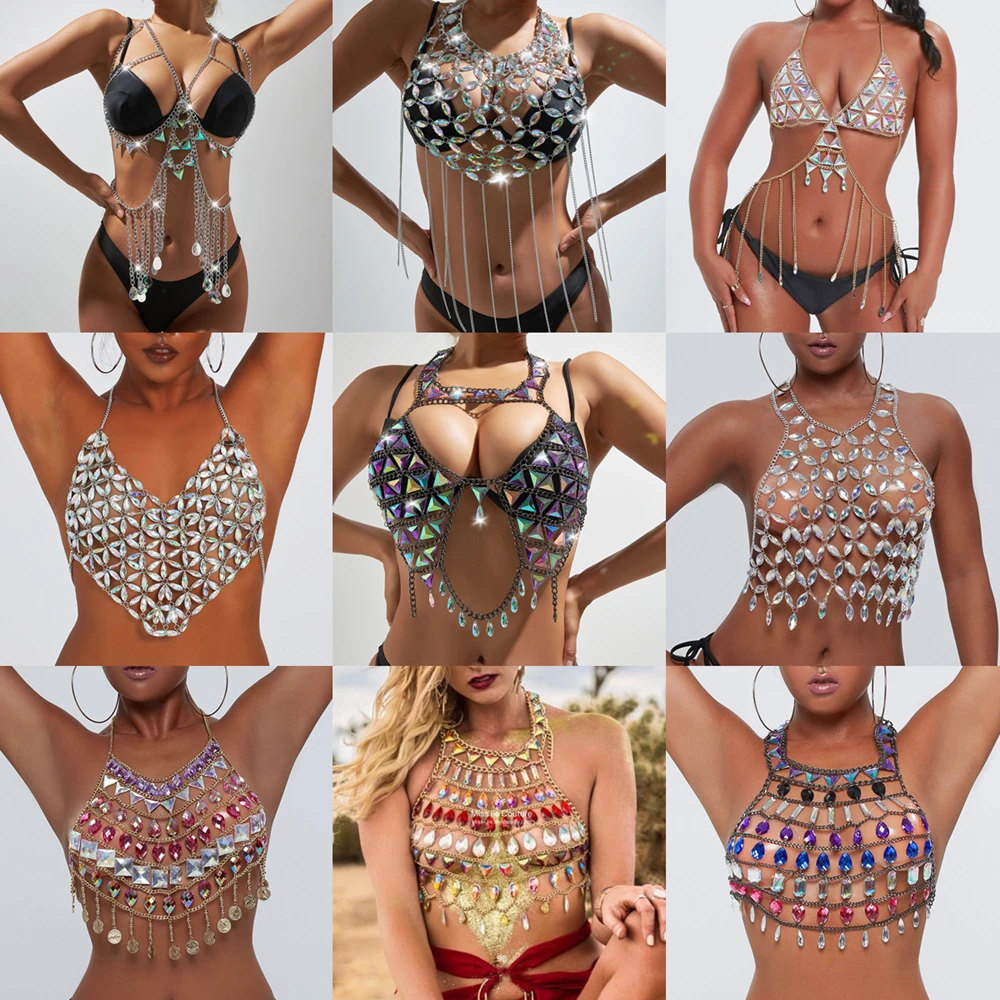 Necklace Adult Style Rhinestone Metal Material with Tassel Irregular Pattern European and American Ornament Bra Glow Body Chains