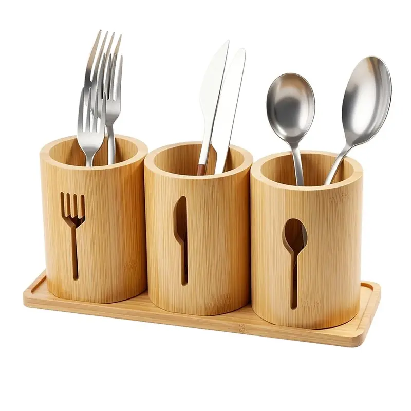 ABUG-Wood Kitchen Utensil Holder With Tray Countertop Cutlery Organizer For Spoons, Forks & Knives