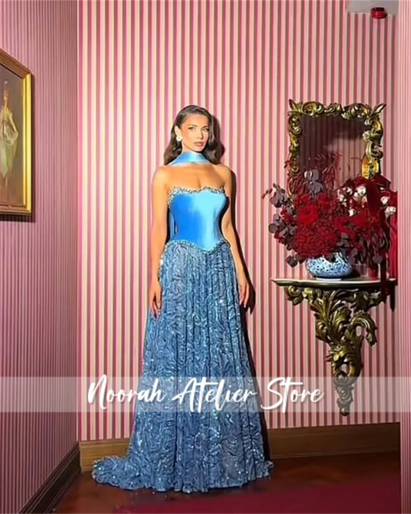 

Glossiness blue Strapless Dubai Scarf Evening Dresses 2025 wedding gown Aline Prom Dress فساتين سهرة formal Dress Customized