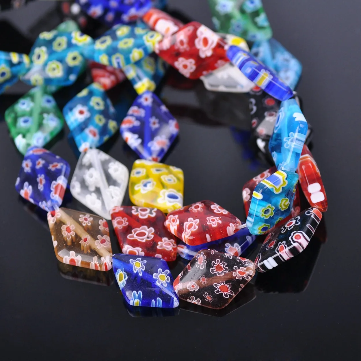 

20pcs Random Mixed Flower Patterns Rhombus Shape 10x14mm 13x18mm Millefiori Lampwork Glass Loose Beads For Jewelry Making DIY